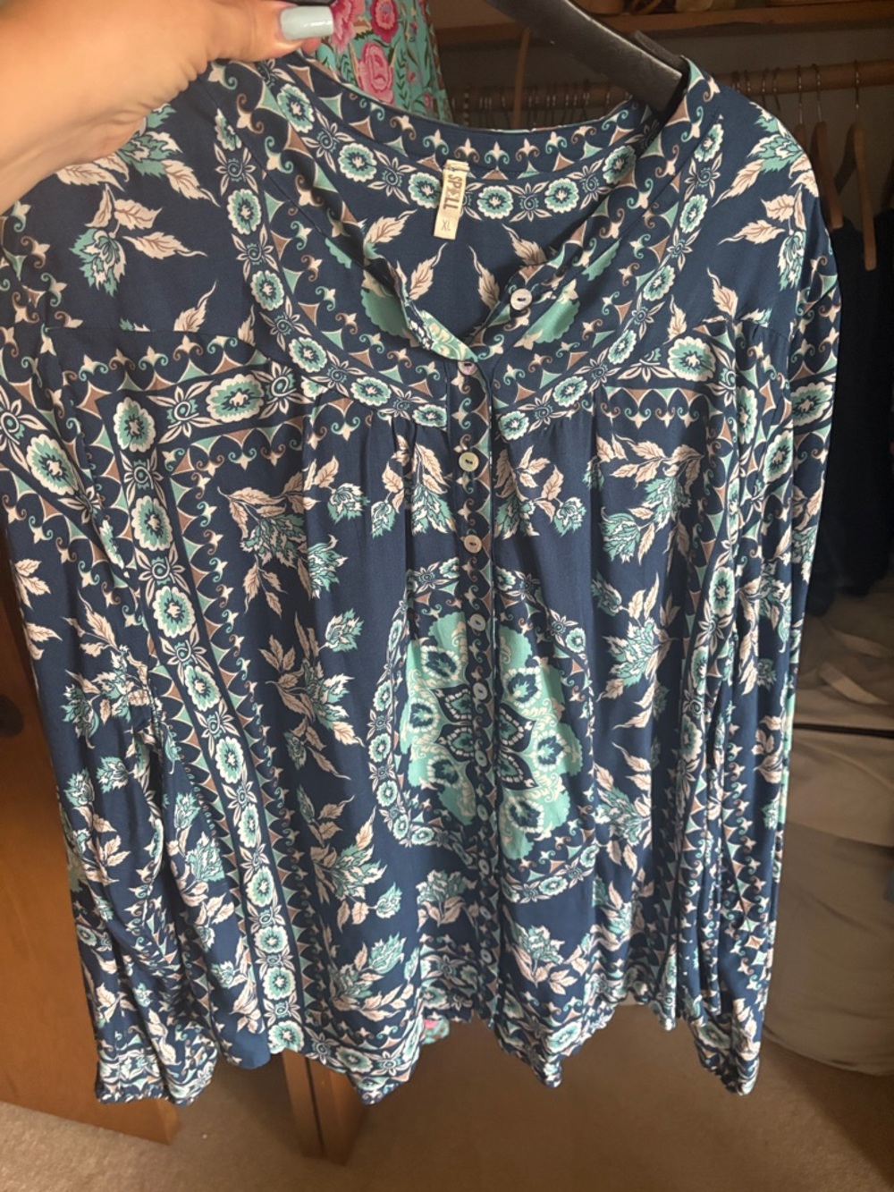 Spell Navy Long-Sleeve Floral Button-Front Top with Teal and Cream Accents